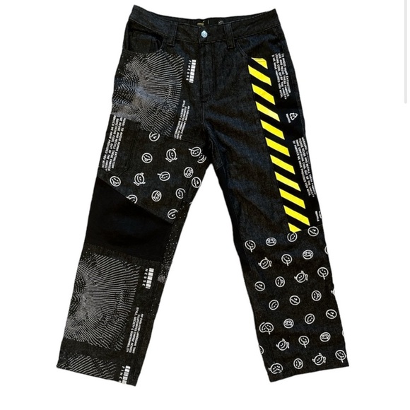 Black and Yellow Straight Leg Jeans with Patchwork Design - Picture 3 of 3